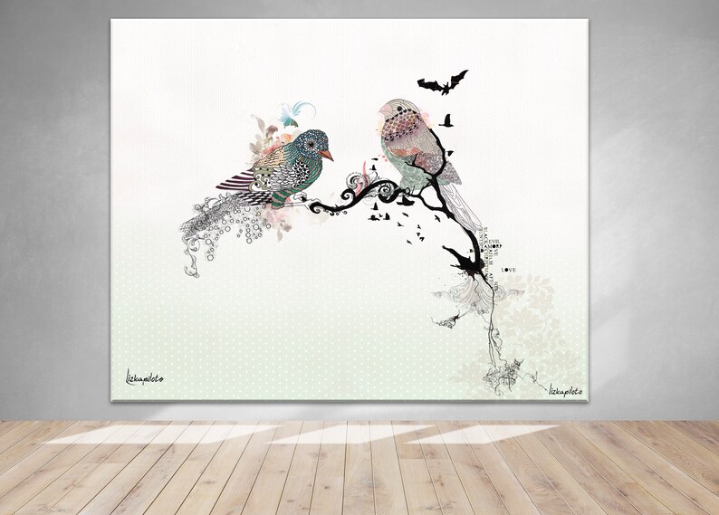 A whimsical art print featuring two stylized birds perched on a branch with intricate details. The birds are adorned with patterns and colors, creating a vibrant and playful scene.