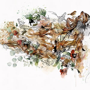 Watercolor painting of a woman's face with flowing hair that resembles leaves and flowers. The hair is a mix of brown, green, and red hues. A small bird sits on a branch in the woman's hair.