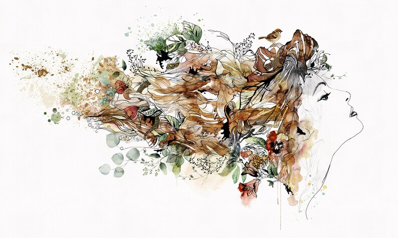 Watercolor painting of a woman's face with flowing hair that resembles leaves and flowers. The hair is a mix of brown, green, and red hues. A small bird sits on a branch in the woman's hair.