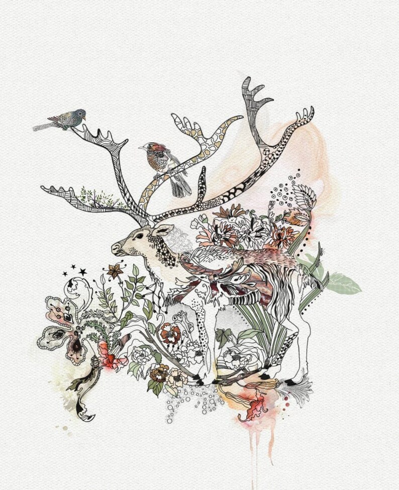 Watercolor and ink drawing of a deer with large, ornate antlers. The antlers are decorated with intricate patterns and small birds. The deer is surrounded by lush floral details and foliage, creating a whimsical, nature-inspired design.  The artwork features a palette of soft pinks, greens, and browns, with black ink outlines. The style is reminiscent of botanical illustrations and fantasy art.