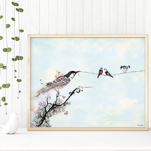 May include: A watercolor painting of a bird perched on a branch with a red ribbon in its beak. Two smaller birds are perched on a wire with a cat watching them. The background is a light blue sky with clouds.