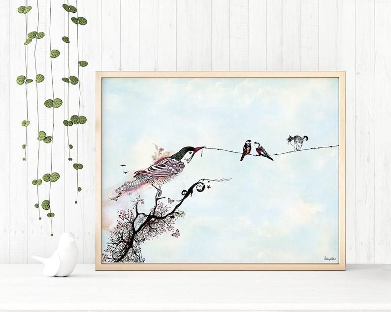May include: A watercolor painting of a bird perched on a branch with a red ribbon in its beak. Two smaller birds are perched on a wire with a cat watching them. The background is a light blue sky with clouds.