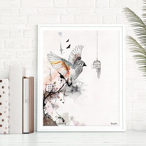 May include: A black and white illustration of a bird flying out of a cage. The bird is detailed with intricate patterns and the cage is hanging from the ceiling. The background is a watercolor wash of pink and orange.