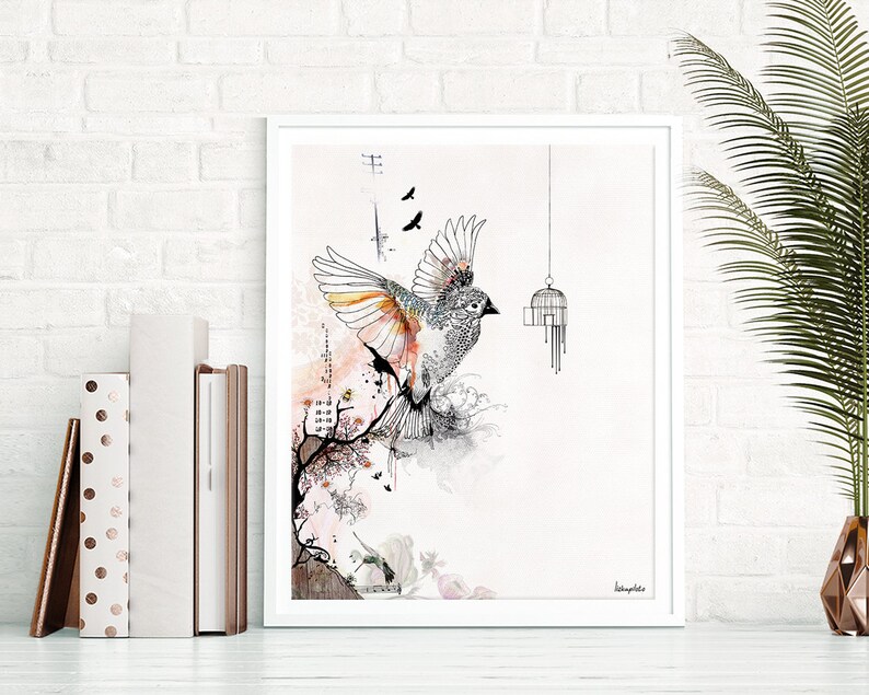 May include: A black and white illustration of a bird flying out of a cage. The bird is detailed with intricate patterns and the cage is hanging from the ceiling. The background is a watercolor wash of pink and orange.