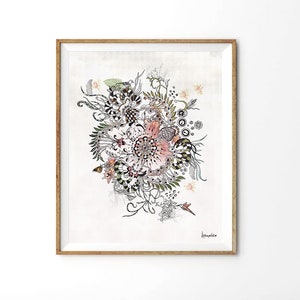 framed print of a black and white floral design with a pink flower in the center. The design is intricate and detailed, with a whimsical feel. The print is signed "Lechatelier" in the bottom right corner.