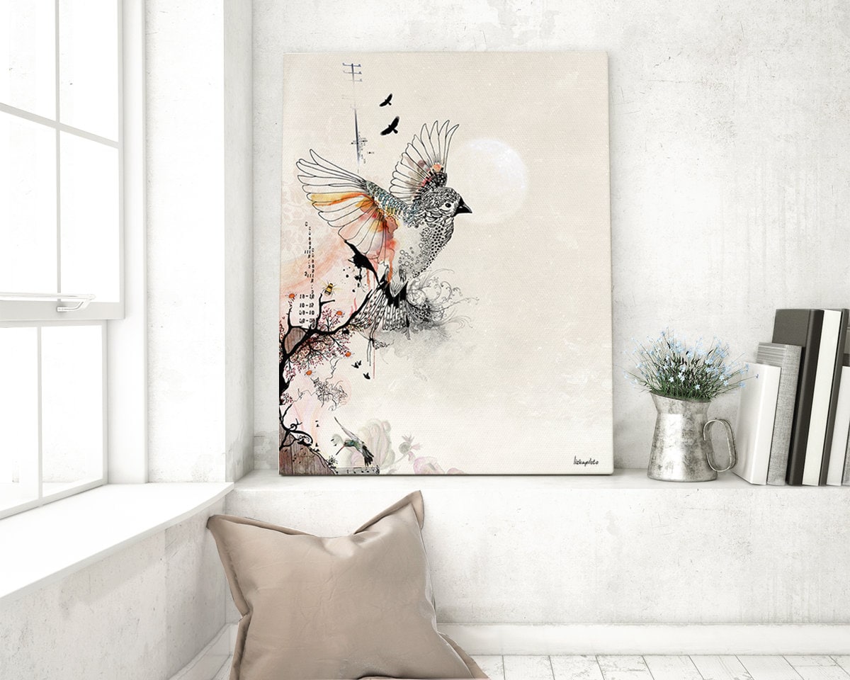 水彩画、鳥の壁画、オリジナルイラスト、鳥のイラスト、気まぐれな飛ぶ