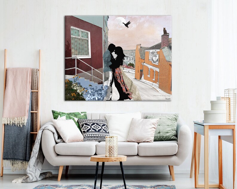 Kissing Couple Romantic Painting, Romantic Wall Decor, Bedroom Art Decor, Romantic Wall Art Print, couple in love painting image 2