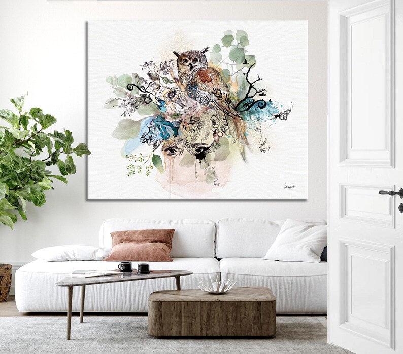 Original Owl Art, Wildlife Art Print, Owl Gift for Woman, Large Wall Art, Owl Decor, Animal Watercolor Painting, Owl Lover Gift, Animal Art image 1