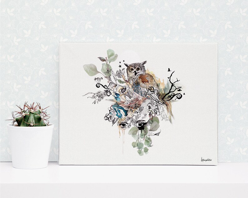 A watercolor painting of an owl perched on a branch with leaves and vines. The owl is brown and white with black eyes. The background is white with a light blue pattern.