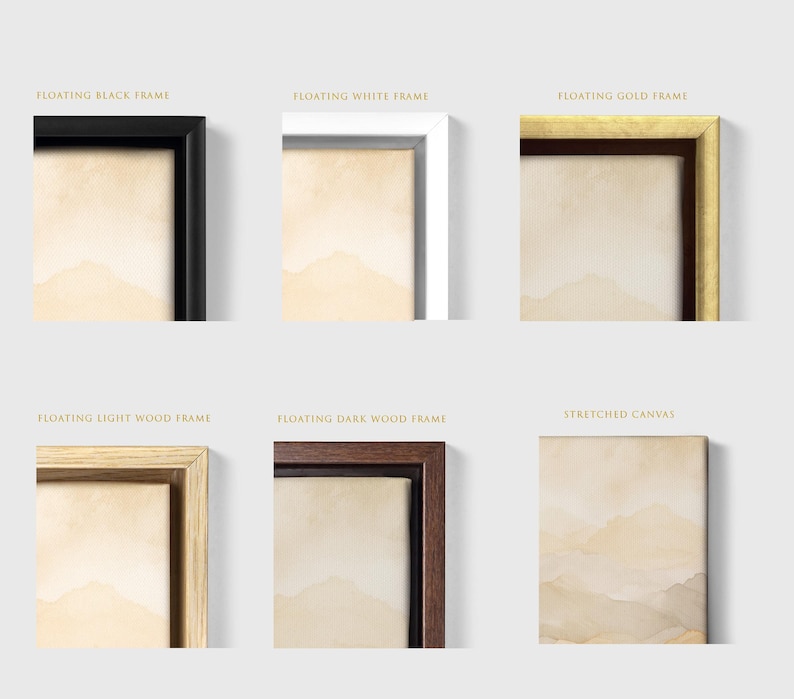 Pu&ograve; includere: Immagine che mostra sei diverse opzioni di incorniciatura per opere d'arte. Le opzioni includono una cornice nera, una cornice bianca, una cornice dorata, una cornice in legno chiaro, una cornice in legno scuro e una tela tesa. Ogni cornice circonda un dipinto di paesaggio.