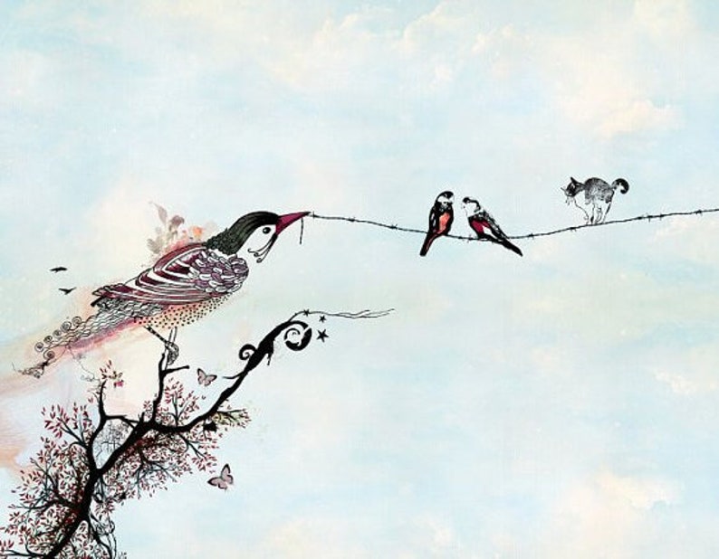 A whimsical illustration of a bird perched on a branch with three other birds on a wire fence. The bird on the branch is detailed with intricate patterns and has a red beak. The birds on the wire fence are black and white with red accents. The background is a light blue watercolor wash with white clouds.