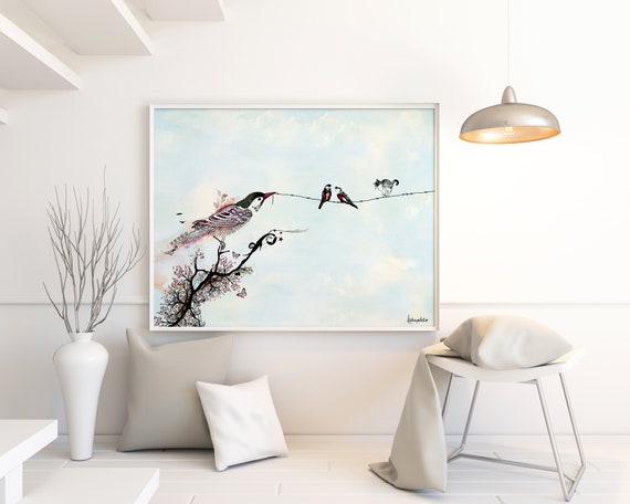 Whimsical Bird Art, Romantic Print, Bird Wall Art, Romantic Wall Art, Whimsical Art Print, Birds on a Wire Wall Art, Bird Artwork