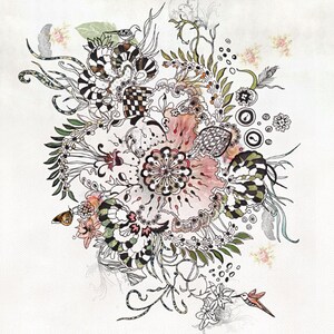 watercolor illustration of a floral bouquet with intricate details. The bouquet features a large pink flower with black and white patterns, surrounded by smaller flowers and leaves. The illustration is set against a white background.
