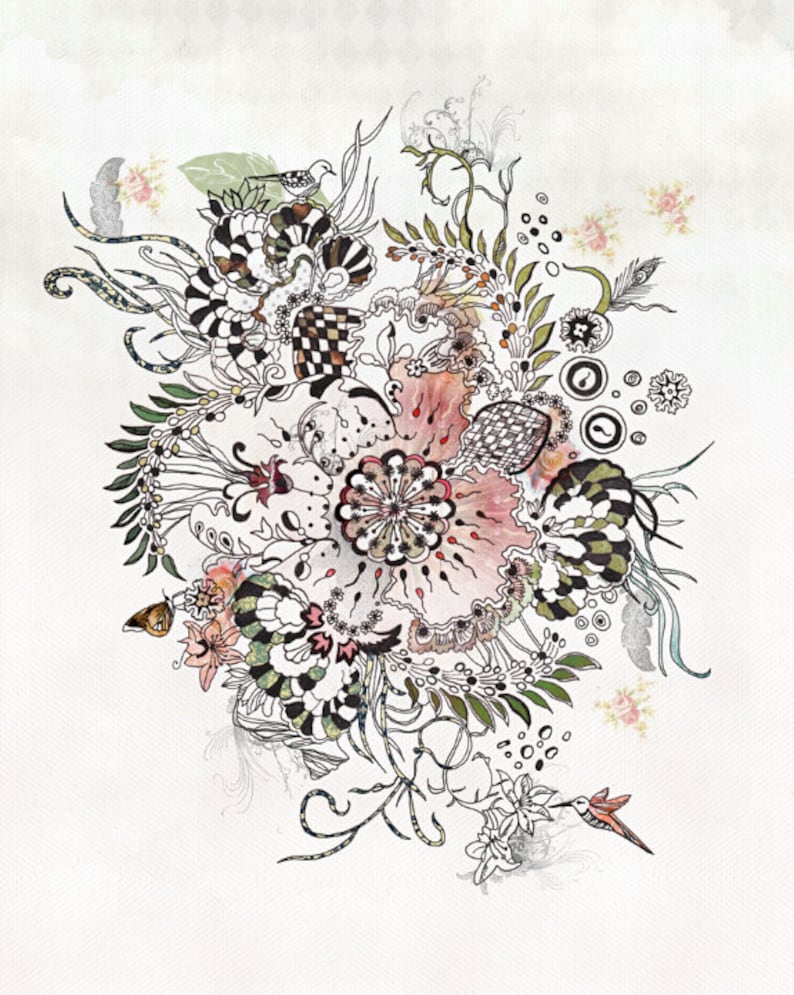 watercolor illustration of a floral bouquet with intricate details. The bouquet features a large pink flower with black and white patterns, surrounded by smaller flowers and leaves. The illustration is set against a white background.