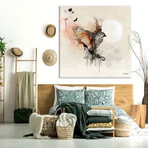 Large Wall Art, Modern Watercolor Painting, Extra Large Canvas Art, Large Bird Painting, Modern Wall Art, Living Room Wall Art, Canvas Print image 2