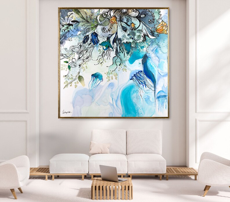Abstract watercolor painting featuring a blue, green, and white color scheme. The painting depicts a cluster of jellyfish and floral elements.