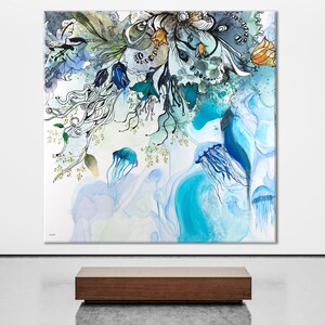 Abstract watercolor painting featuring a blue, green, and white color scheme. The painting depicts a floral design with jellyfish and other sea creatures.