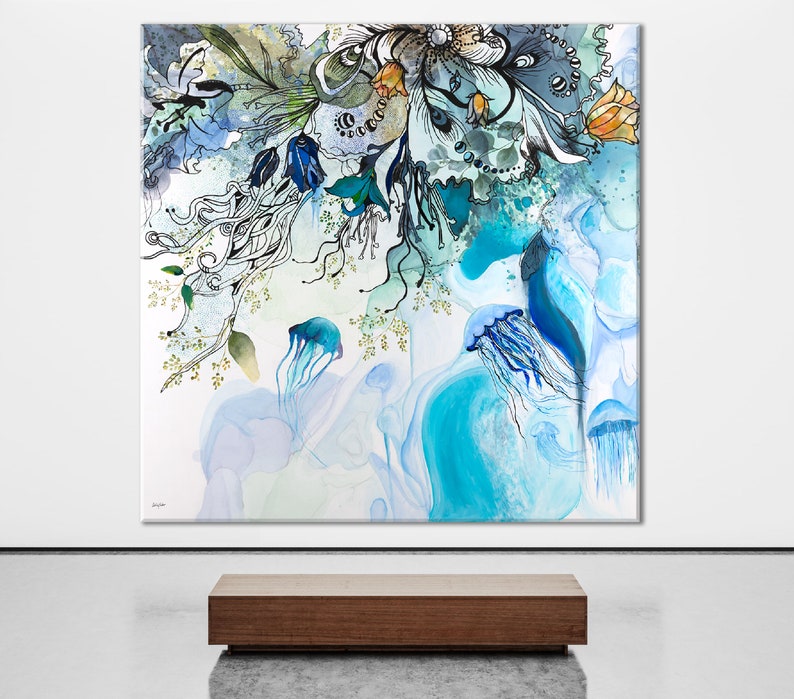 Abstract watercolor painting featuring a blue, green, and white color scheme. The painting depicts a floral design with jellyfish and other sea creatures.