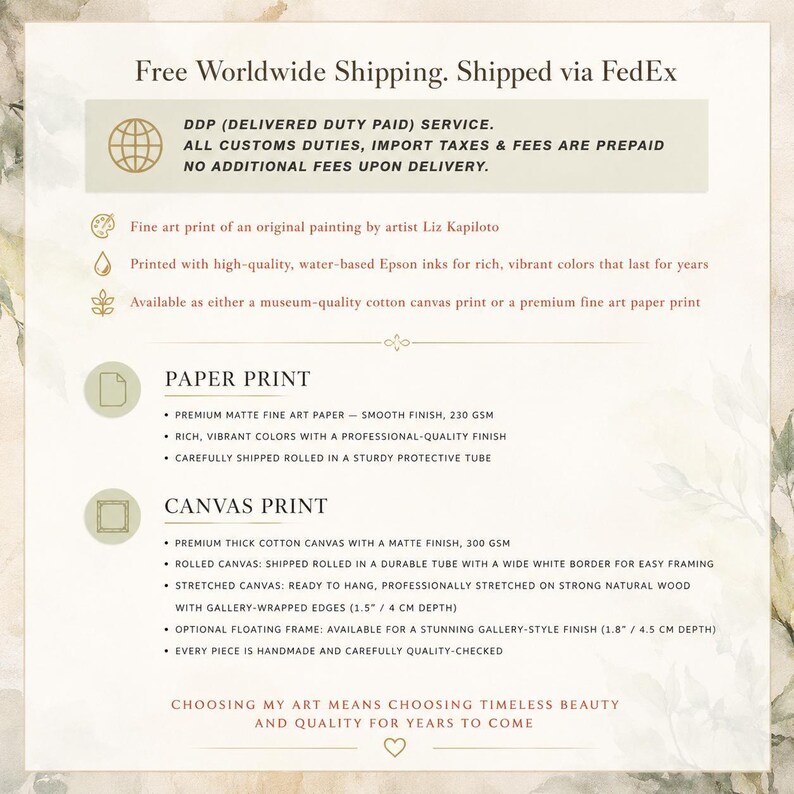 The image is a promotional flyer for a worldwide shipping service offered by a company called FedEx. It highlights the company's commitment to delivering a worldwide shipping service without additional fees, offering a fine art print of an original painting by an artist, and providing options for paper print and canvas print. The flyer emphasizes the quality and craftsmanship of the products and encourages customers to choose their art based on timeless beauty and quality for years to come.