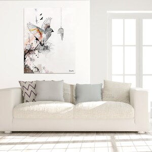 May include: A white, gray, and orange bird with its wings spread, flying away from a small birdcage. The bird is surrounded by a watercolor-style background with pink, gray, and black accents.