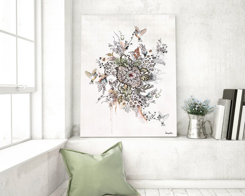 A black and white illustration of a floral arrangement with birds. The flowers are in shades of green, yellow, and pink. The birds are in shades of blue and gray. The illustration is on a white background. The artist's signature is in the bottom right corner.