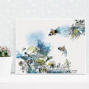 watercolor painting on canvas featuring two goldfish swimming in a blue and green underwater scene with floral details.