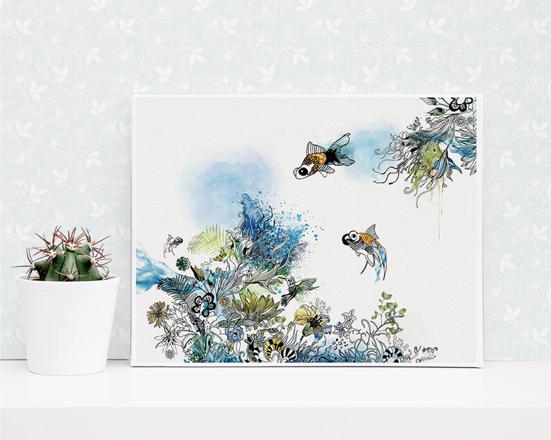 watercolor painting on canvas featuring two goldfish swimming in a blue and green underwater scene with floral details.
