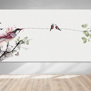 watercolor painting of birds on a branch. The birds are pink and black with white accents. The branch is brown and has green leaves. The background is white with a light pink watercolor wash.