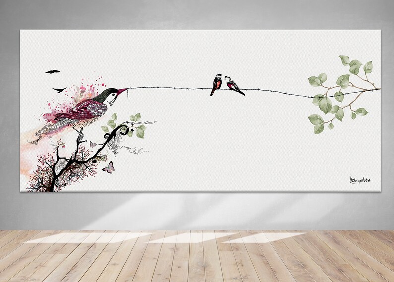 watercolor painting of birds on a branch. The birds are pink and black with white accents. The branch is brown and has green leaves. The background is white with a light pink watercolor wash.