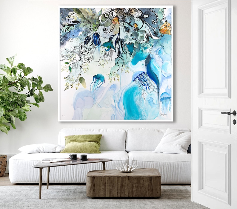 Abstract watercolor painting featuring a blue, green, and white color scheme. The painting depicts a floral design with jellyfish and a swirling background.
