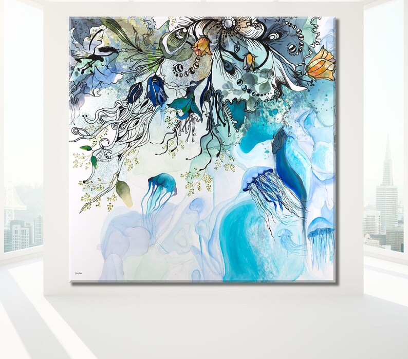 Abstract watercolor painting featuring a blue, green, and white color scheme. The painting depicts a floral design with jellyfish and a swirling background.