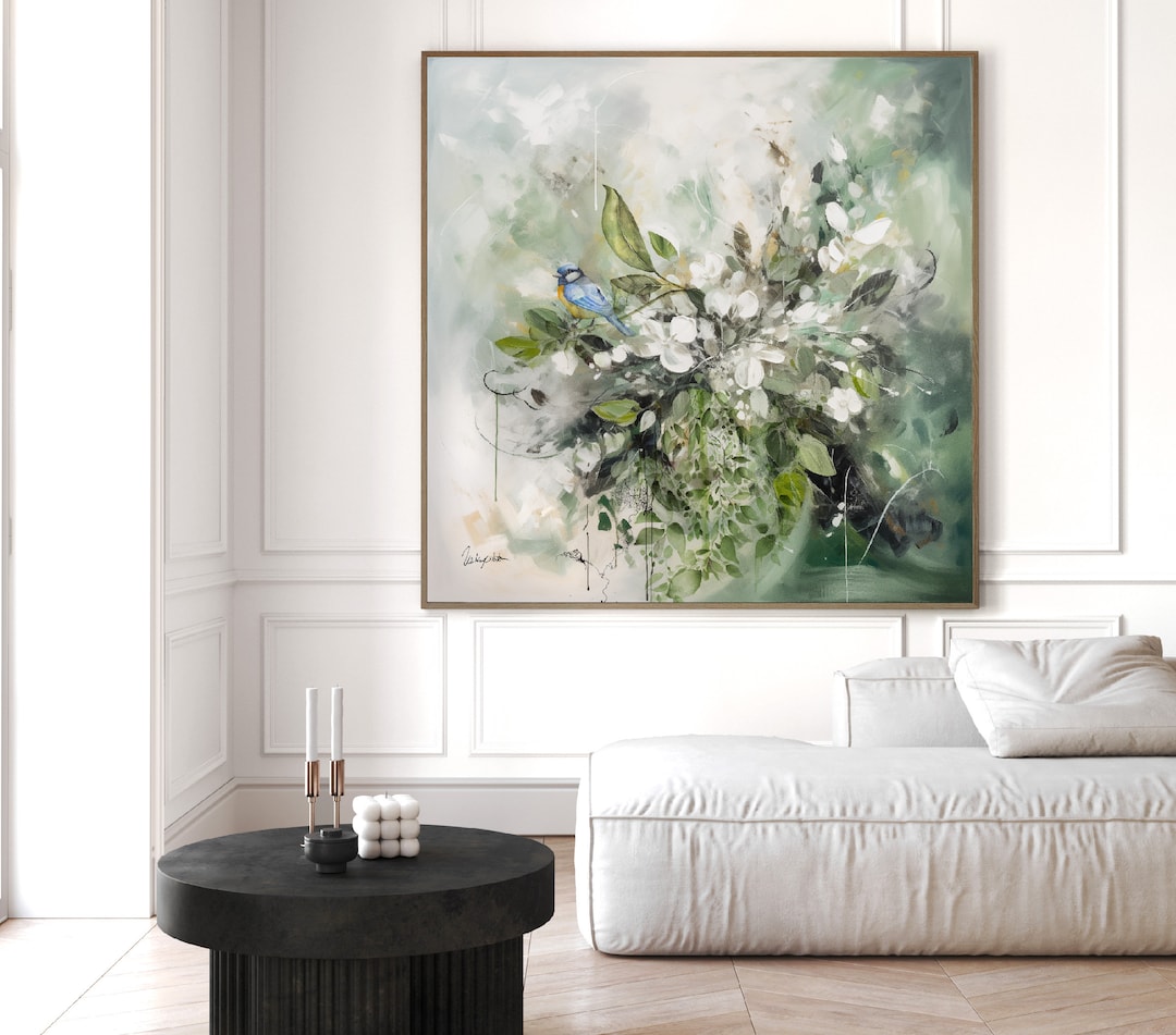 Extra Large Nature Wall Art, Green Abstract Floral Painting, Tropical