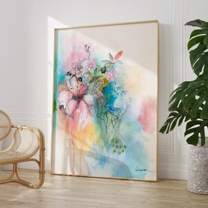 Abstract watercolor painting with pink, yellow, blue, and green colors. The painting features a large pink flower with a green stem and leaves. The background is a soft, abstract design with a light blue and pink color scheme. The painting is signed in the bottom right corner with the artist's name.