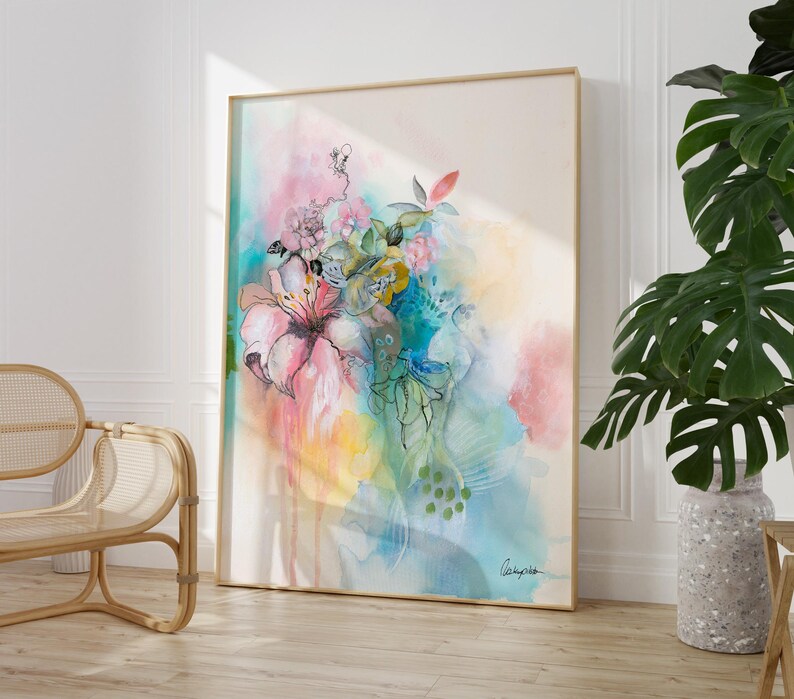 Abstract watercolor painting with pink, yellow, blue, and green colors. The painting features a large pink flower with a green stem and leaves. The background is a soft, abstract design with a light blue and pink color scheme. The painting is signed in the bottom right corner with the artist's name.