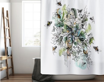 Shower Curtain, Green Blue Shower Curtain, Boho Shower Curtain, Floral Shower Curtain, Modern Art Shower Curtain