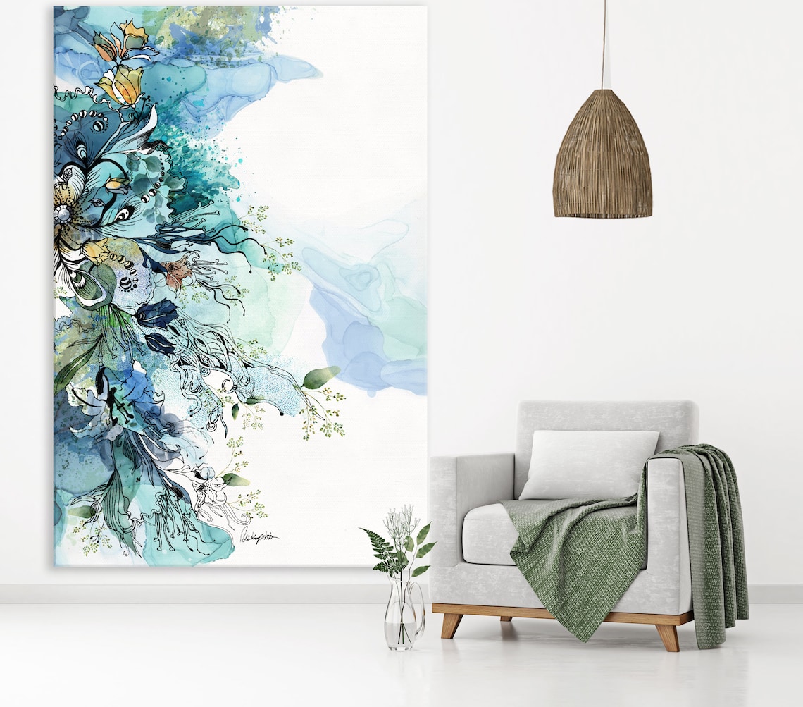 Large Vertical Wall Art Blue Abstract Art Oversized Wall Etsy