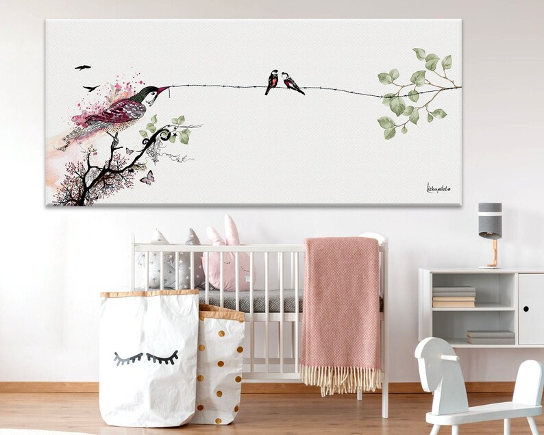 watercolor painting of a pink bird perched on a branch with green leaves. Two smaller birds are perched on a branch above the larger bird. The painting is on a white background.