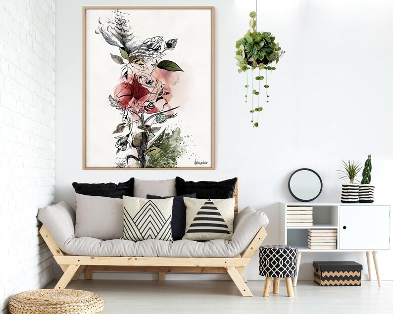 Large Wall Art, Red Flower Painting, Large Watercolor Art, Canvas Art Print, Large Colorful Painting, Living Room Wall Art, Red Rose Art