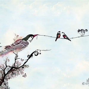 May include: A watercolor illustration of a bird perched on a branch with a cat and two birds on a wire fence in the background. The bird on the branch has a detailed design with pink and black feathers. The cat is gray and white and the birds on the fence are black and red.