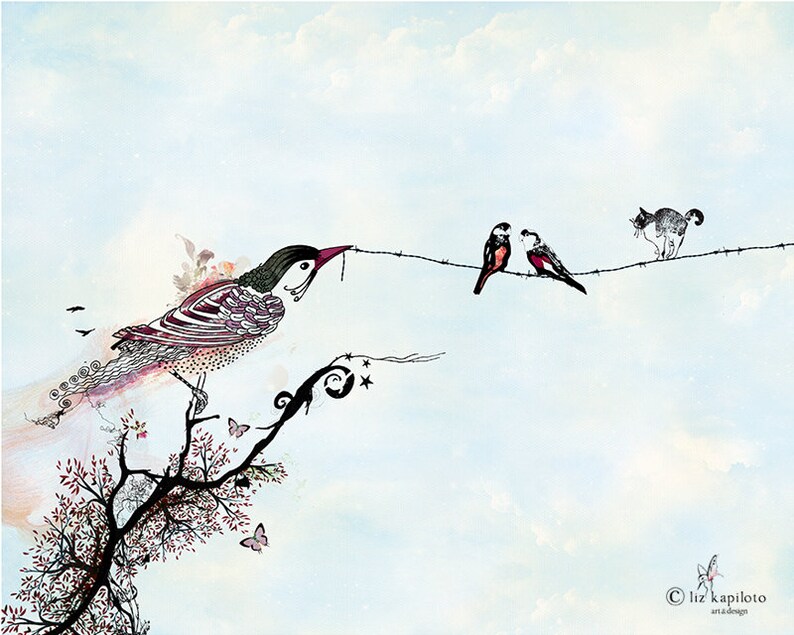 May include: A watercolor illustration of a bird perched on a branch with a cat and two birds on a wire fence in the background. The bird on the branch has a detailed design with pink and black feathers. The cat is gray and white and the birds on the fence are black and red.