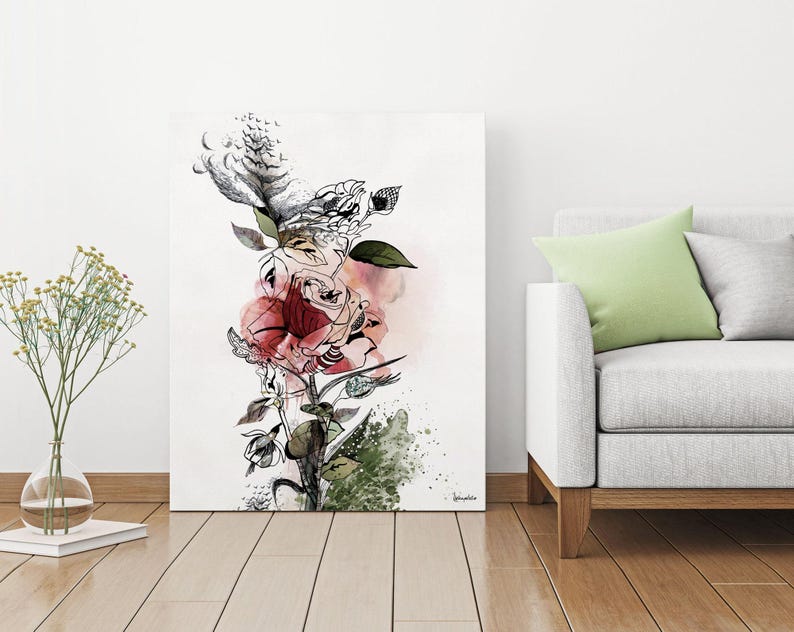 Large Wall Art, Red Flower Painting, Large Watercolor Art, Canvas Art Print, Large Colorful Painting, Living Room Wall Art, Red Rose Art