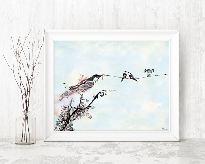 May include: A watercolor painting of a bird perched on a branch with three other birds on a wire above. The bird on the branch is detailed with intricate patterns and colors. The background is a light blue sky with clouds.