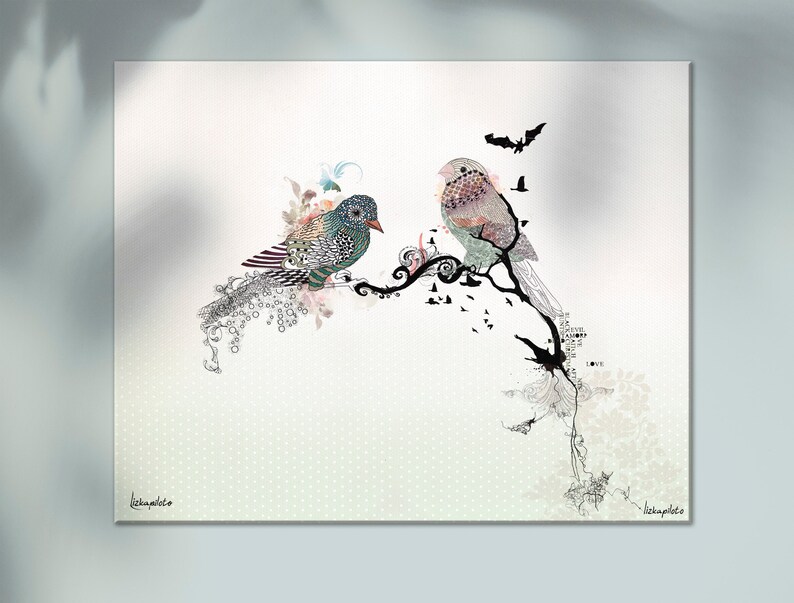 A whimsical illustration of two birds perched on a branch with intricate details. The birds are adorned with colorful patterns and textures, creating a visually captivating scene. The background features a subtle dotted pattern and delicate floral elements.