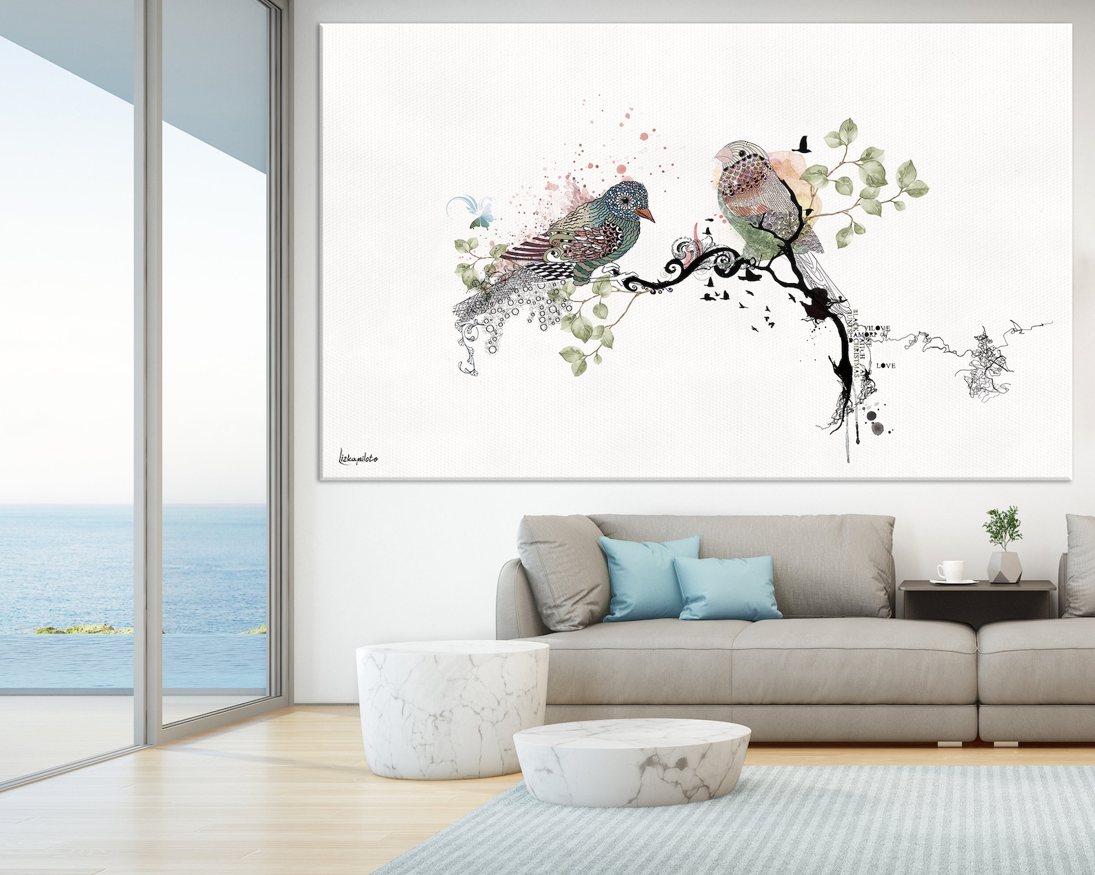 Love Birds Living Room Wall Art, Large Painting, Living Room Wall Decor ...