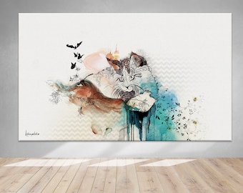 May include: A rectangular wall art print featuring a stylized cat illustration with intricate black line work, watercolor splashes in shades of blue and orange, silhouettes of flying bats, and delicate floral patterns on a light chevron background.