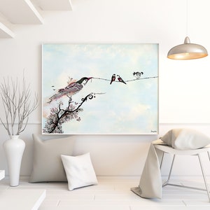 May include: A watercolor painting of birds on a wire. The bird on the left is perched on a branch with pink blossoms. The sky is light blue with white clouds.