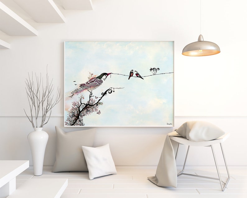 May include: A watercolor painting of birds on a wire. The bird on the left is perched on a branch with pink blossoms. The sky is light blue with white clouds.
