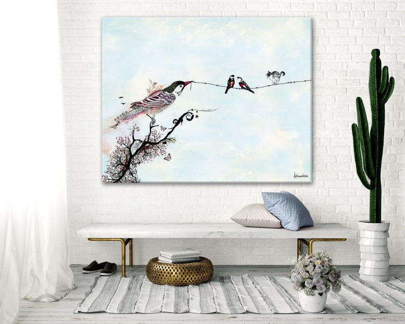 Whimsical Bird Art, Romantic Print, Bird Wall Art, Romantic Wall Art, Whimsical Art Print, Birds on a Wire Wall Art, Bird Artwork image 6