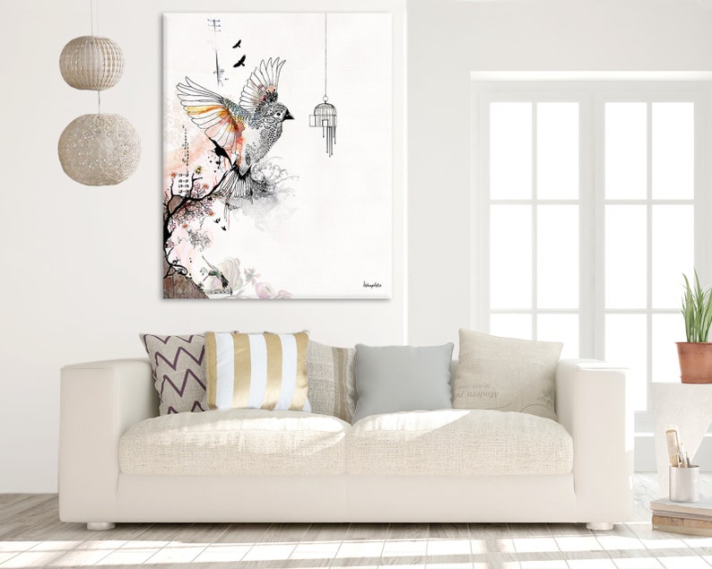 Prints illustrations, Bird cage art, Living Room Art, Bird art drawing, Orange and gray image 7