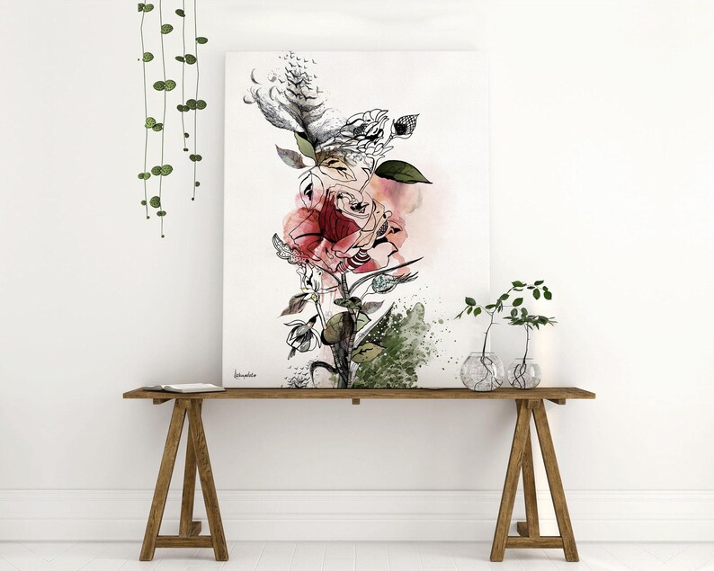 Large Wall Art, Red Flower Painting, Large Watercolor Art, Canvas Art Print, Large Colorful Painting, Living Room Wall Art, Red Rose Art